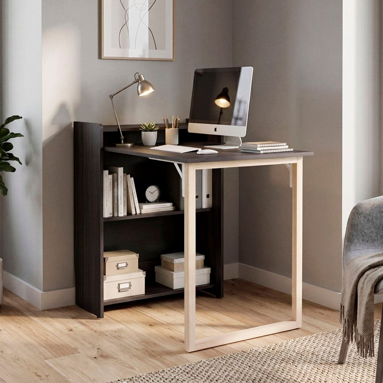English Elm Leslie Sliding Surface Writing Desk with Open Shelving for Compact Home Offices B200P569581