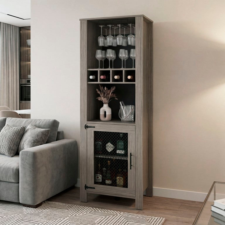 English Elm Freedom Farmhouse Bar Cabinet with Stemware Holder Bottle Racks and Mesh Door B200P596419