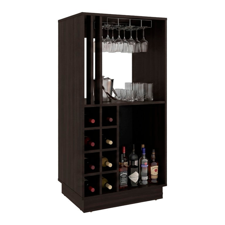 English Elm Caoba Home Bar Cabinet with Stemware Rack Bottle Storage and Enclosed Shelves B200P596429