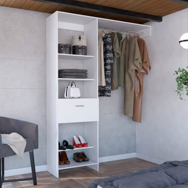 English Elm Manchester Tall White Closet System with Open Shelves Metal Rod and Concealed Drawer B200S00017