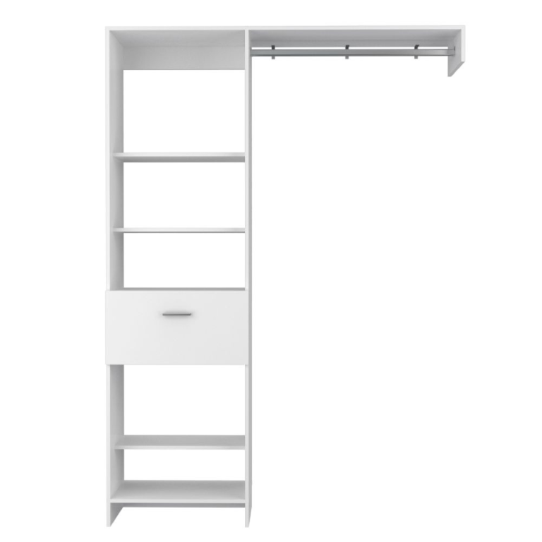 English Elm Manchester Tall White Closet System with Open Shelves Metal Rod and Concealed Drawer B200S00017