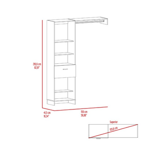 English Elm Manchester Tall White Closet System with Open Shelves Metal Rod and Concealed Drawer B200S00017