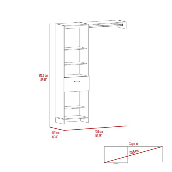 English Elm Manchester Tall White Closet System with Open Shelves Metal Rod and Concealed Drawer B200S00017