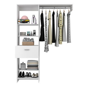 English Elm Manchester Tall White Closet System with Open Shelves Metal Rod and Concealed Drawer B200S00017