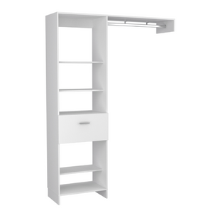 English Elm Manchester Tall White Closet System with Open Shelves Metal Rod and Concealed Drawer B200S00017