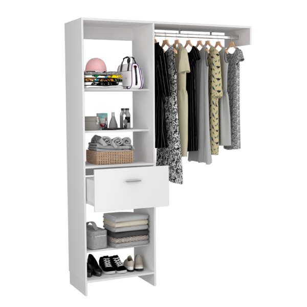 English Elm Manchester Tall White Closet System with Open Shelves Metal Rod and Concealed Drawer B200S00017