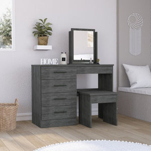 English Elm Kaia Bedroom Vanity with Four Drawers Stool and Mirror in Smokey Oak Finish B200S00041