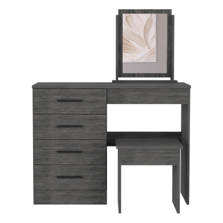 English Elm Kaia Bedroom Vanity with Four Drawers Stool and Mirror in Smokey Oak Finish B200S00041