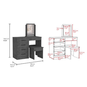 English Elm Kaia Bedroom Vanity with Four Drawers Stool and Mirror in Smokey Oak Finish B200S00041
