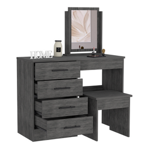 English Elm Kaia Bedroom Vanity with Four Drawers Stool and Mirror in Smokey Oak Finish B200S00041