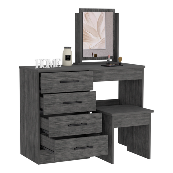 English Elm Kaia Bedroom Vanity with Four Drawers Stool and Mirror in Smokey Oak Finish B200S00041