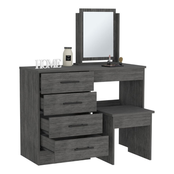 English Elm Kaia Bedroom Vanity with Four Drawers Stool and Mirror in Smokey Oak Finish B200S00041
