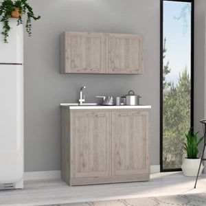 English Elm Zurich Two Piece Laundry Cabinet Set with Stainless Steel Counter and Wall Storage B200S00189