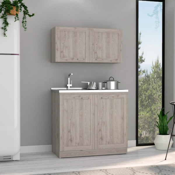 English Elm Zurich Two Piece Laundry Cabinet Set with Stainless Steel Counter and Wall Storage B200S00189