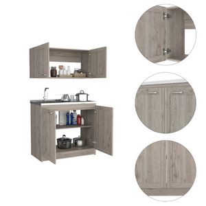 English Elm Zurich Two Piece Laundry Cabinet Set with Stainless Steel Counter and Wall Storage B200S00189