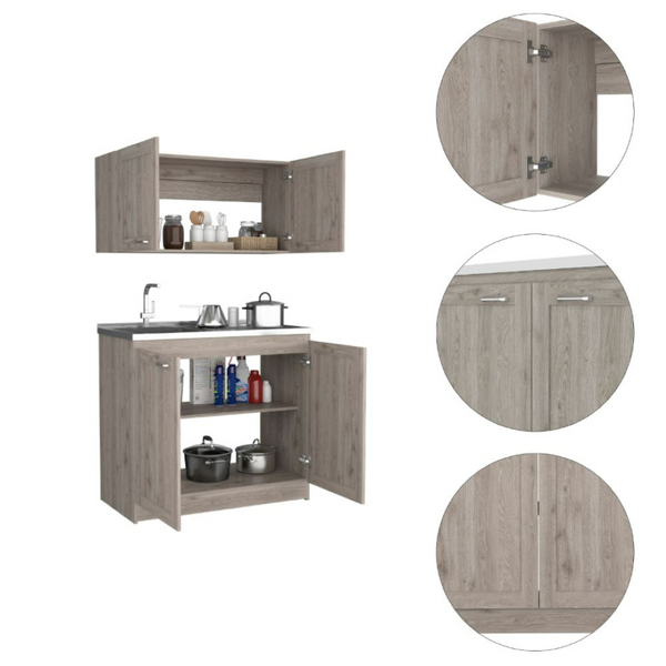 English Elm Zurich Two Piece Laundry Cabinet Set with Stainless Steel Counter and Wall Storage B200S00189