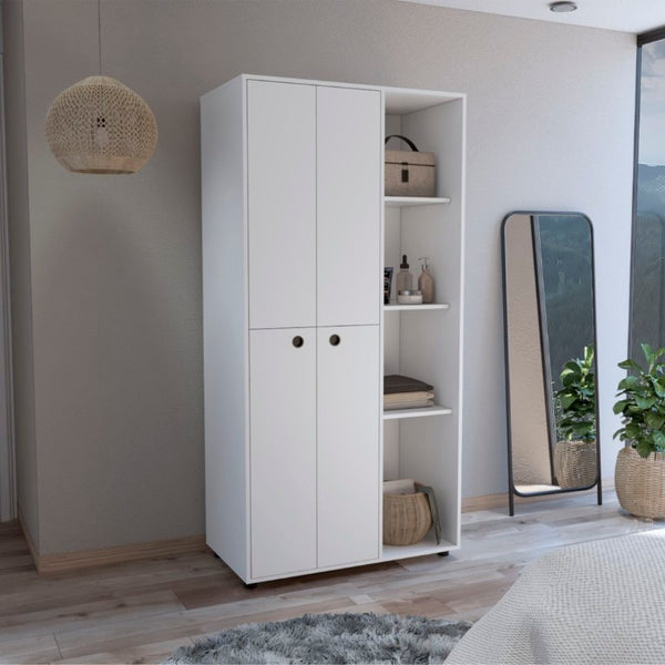 English Elm Misuri White Wardrobe Armoire with Hanging Rod Open Shelves and Storage Drawer B200S00287