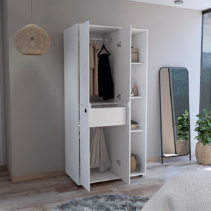 English Elm Misuri White Wardrobe Armoire with Hanging Rod Open Shelves and Storage Drawer B200S00287