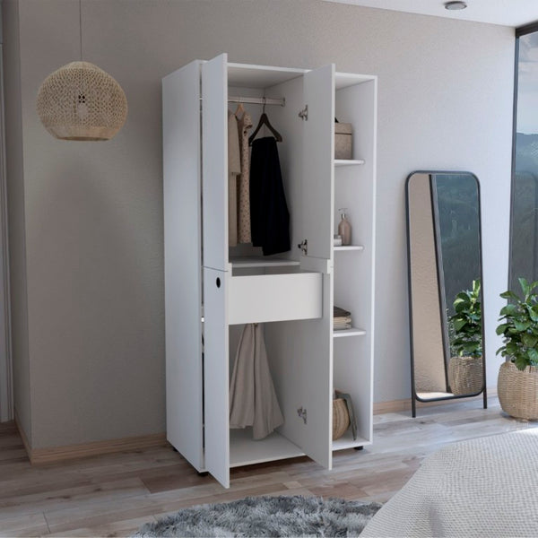 English Elm Misuri White Wardrobe Armoire with Hanging Rod Open Shelves and Storage Drawer B200S00287