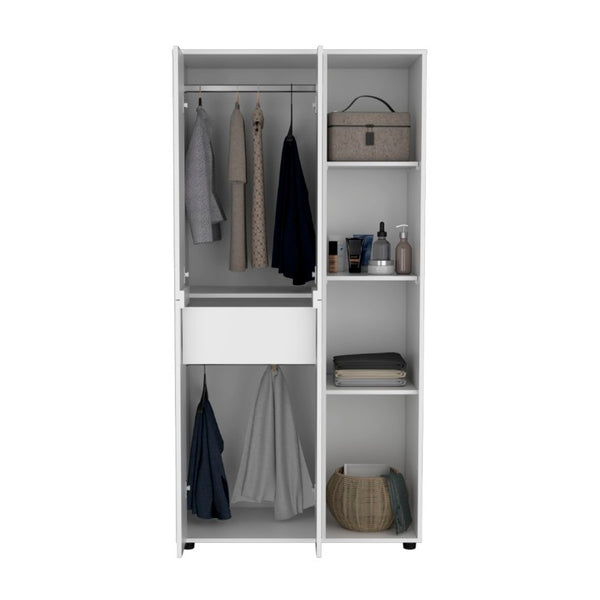 English Elm Misuri White Wardrobe Armoire with Hanging Rod Open Shelves and Storage Drawer B200S00287