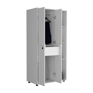 English Elm Misuri White Wardrobe Armoire with Hanging Rod Open Shelves and Storage Drawer B200S00287