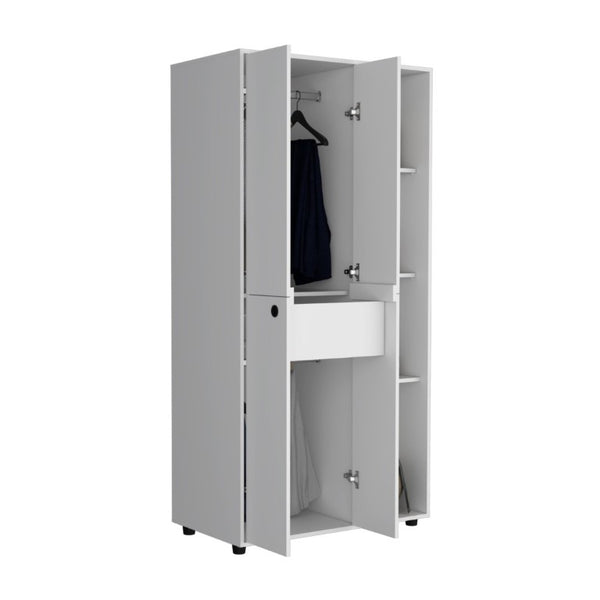 English Elm Misuri White Wardrobe Armoire with Hanging Rod Open Shelves and Storage Drawer B200S00287