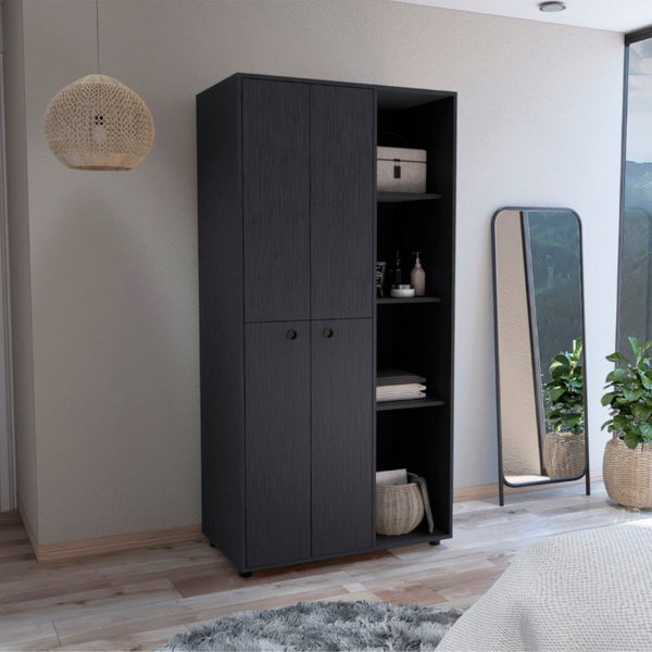 English Elm Misuri Double Door Wardrobe Armoire with Hanging Rods Drawer and Shelves Black B200S00288