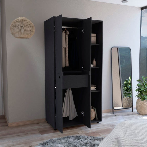 English Elm Misuri Double Door Wardrobe Armoire with Hanging Rods Drawer and Shelves Black B200S00288