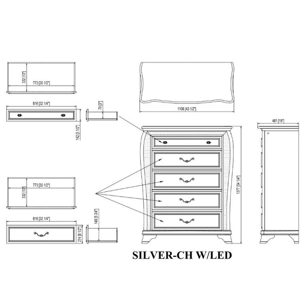 English Elm Aurelia Five Drawer Silver Glitter Chest with LED Glow for Glam Bedroom Storage B201P547174