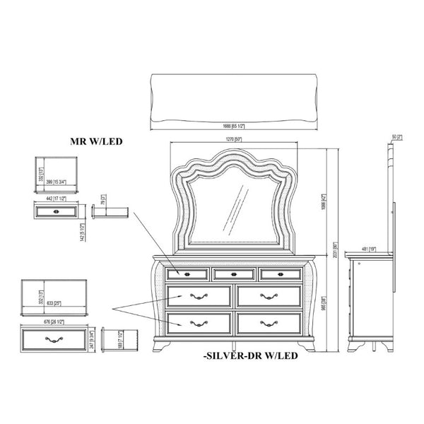 English Elm Aurelia Six Drawer Silver Glitter Dresser with LED Lighting for Glam Bedrooms B201P547175