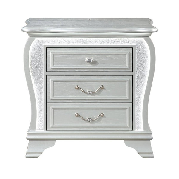 English Elm Aurelia Glam Silver Nightstand with Crushed Glitter Panels and Built-In LED Lighting B201P547180