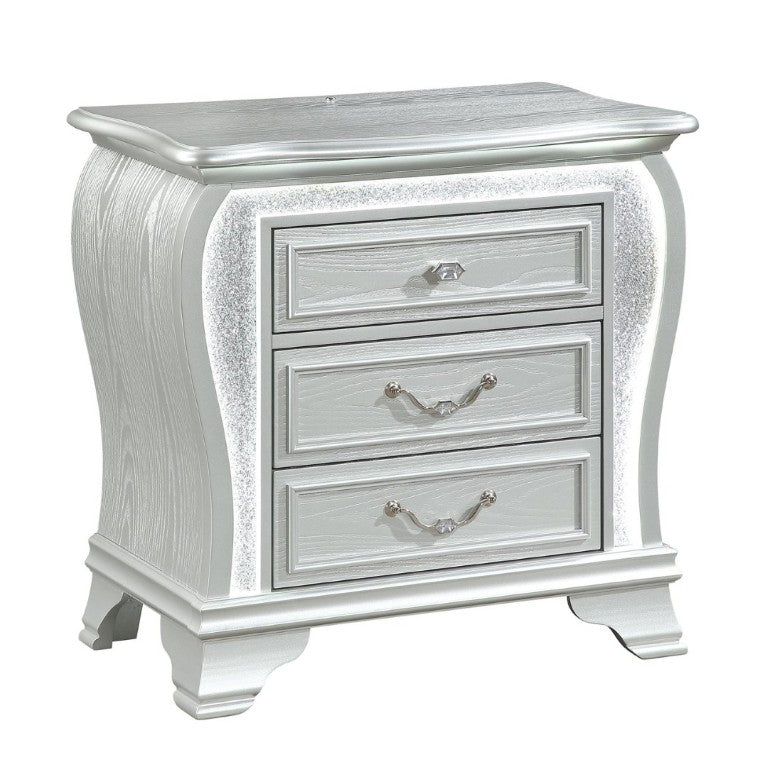English Elm Aurelia Glam Silver Nightstand with Crushed Glitter Panels and Built-In LED Lighting B201P547180