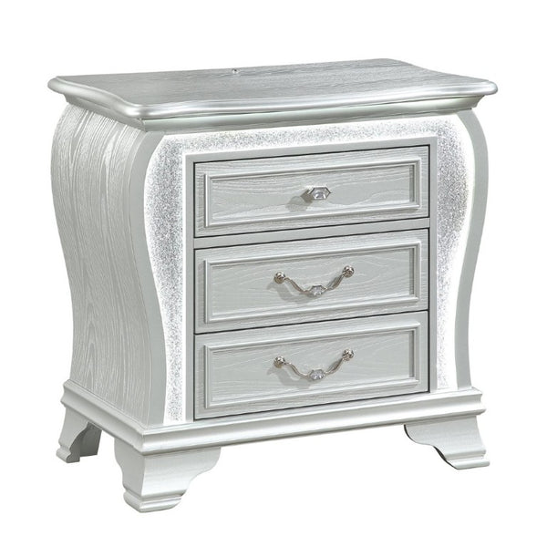 English Elm Aurelia Glam Silver Nightstand with Crushed Glitter Panels and Built-In LED Lighting B201P547180