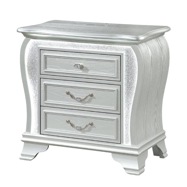 English Elm Aurelia Glam Silver Nightstand with Crushed Glitter Panels and Built-In LED Lighting B201P547180
