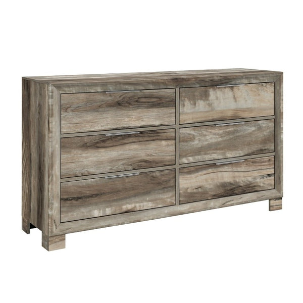 English Elm Callisie Six Drawer Wide Dresser Washed Wood Finish with Silver Bar Pulls Bedroom B201P547188