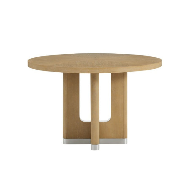English Elm 48 Inch Round Pedestal Dining Table Natural Wood Trestle Base Seats Six Farmhouse Style B201P548152