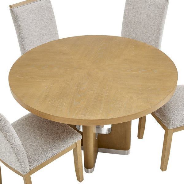English Elm 48 Inch Round Pedestal Dining Table Natural Wood Trestle Base Seats Six Farmhouse Style B201P548152