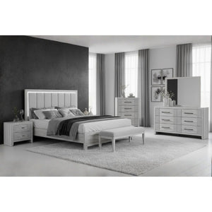 English Elm Eleanor Five Drawer Chest Grey Washed Wood with Channel Front Detail and Black Bar Hardware B201P548950