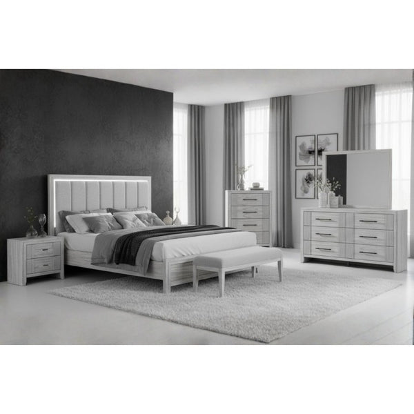 English Elm Eleanor Five Drawer Chest Grey Washed Wood with Channel Front Detail and Black Bar Hardware B201P548950