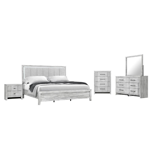 English Elm Eleanor Five Drawer Chest Grey Washed Wood with Channel Front Detail and Black Bar Hardware B201P548950