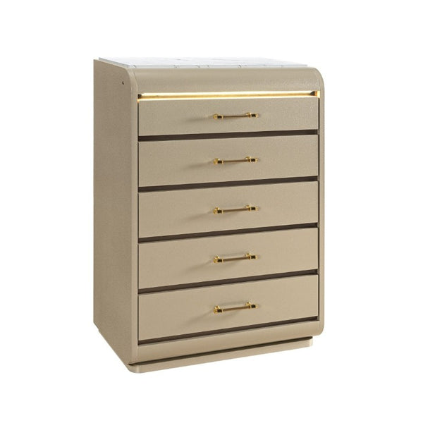 English Elm Gigi Five Drawer Chest with Faux Marble Top LED Lighting and Acrylic Bar Handles B201P548980