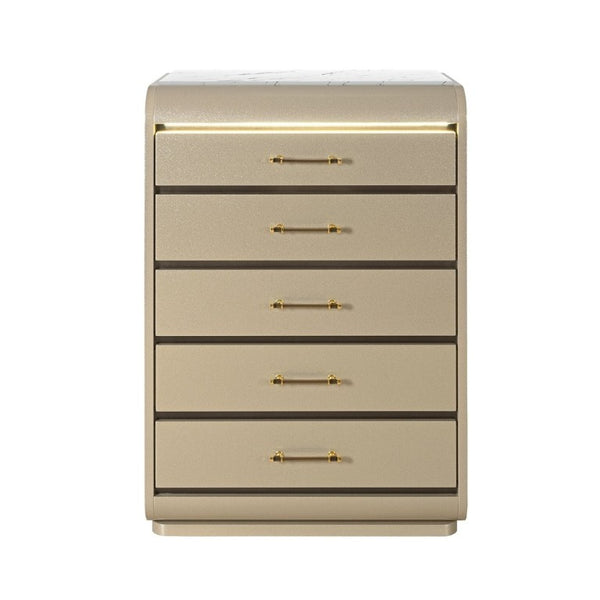 English Elm Gigi Five Drawer Chest with Faux Marble Top LED Lighting and Acrylic Bar Handles B201P548980