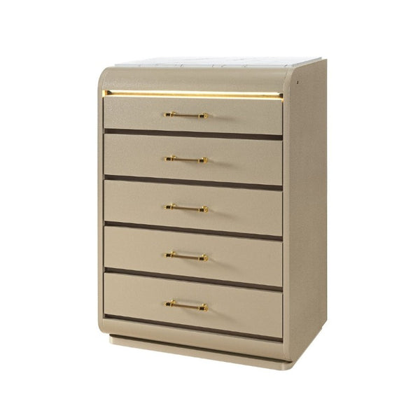 English Elm Gigi Five Drawer Chest with Faux Marble Top LED Lighting and Acrylic Bar Handles B201P548980