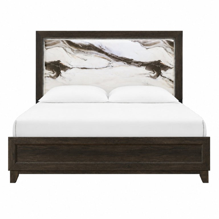 English Elm Harry Brown Queen Platform Bed with Faux Marble Headboard and Integrated LED Lighting B201P549009