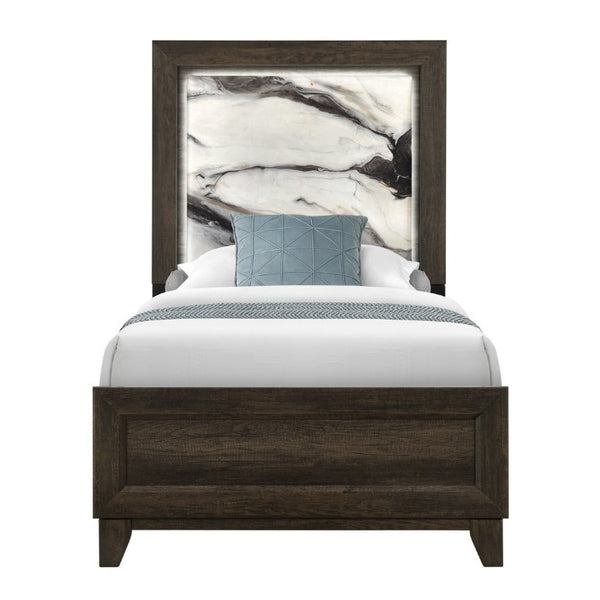 English Elm Harry Brown Twin Bed Faux Marble Headboard Built-In LED Ambient Glow Modern Frame B201P549010