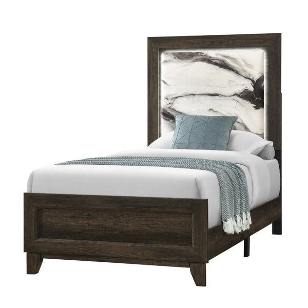 English Elm Harry Brown Twin Bed Faux Marble Headboard Built-In LED Ambient Glow Modern Frame B201P549010
