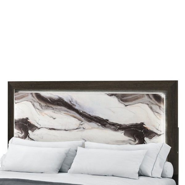 English Elm Harry Brown Twin Bed Faux Marble Headboard Built-In LED Ambient Glow Modern Frame B201P549010