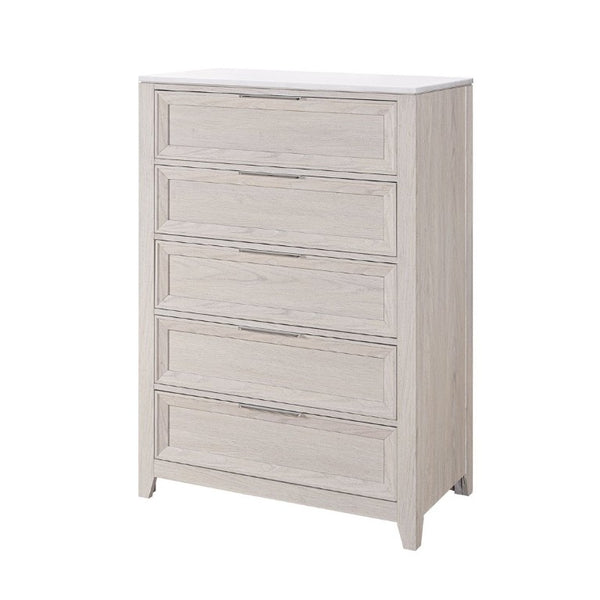 English Elm Melissa Five Drawer Chest with Faux Marble Top and Tapered Legs for Bedroom Beige B201P549759