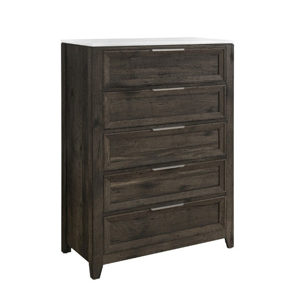English Elm Melissa Five Drawer Chest with Faux Marble Top and Tapered Legs for Bedroom Dark Brown B201P549780