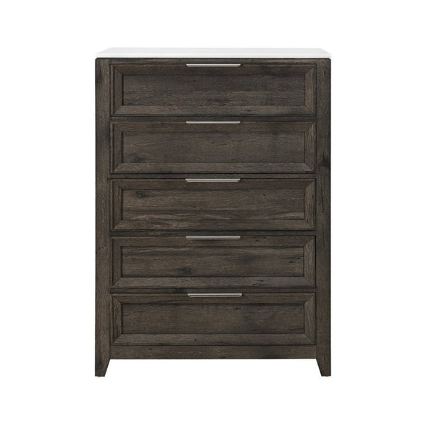 English Elm Melissa Five Drawer Chest with Faux Marble Top and Tapered Legs for Bedroom Dark Brown B201P549780